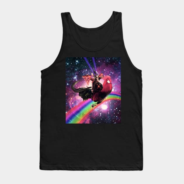 Lazer Warrior Space Cat Riding Chicken With Pizza Tank Top by Random Galaxy